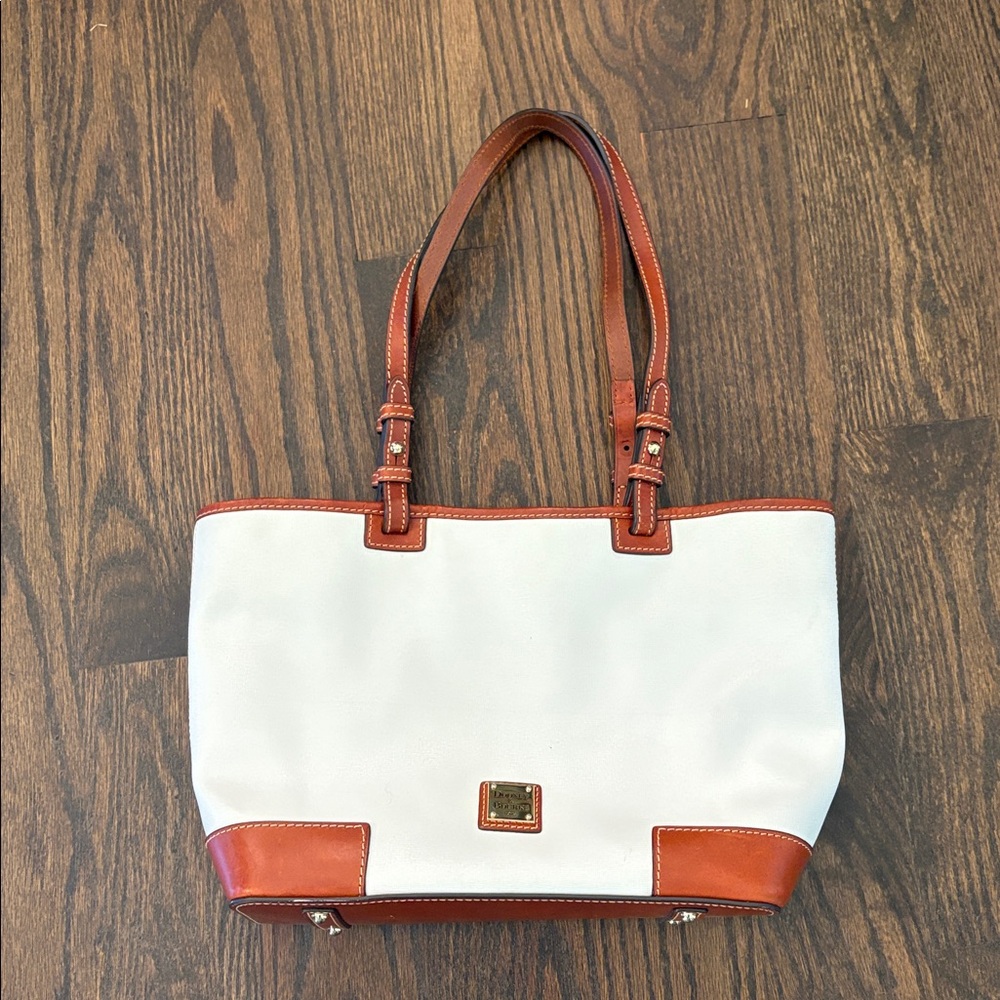 Dooney & Bourke White Saffiano and Brown Leather Accent Shopper Tote